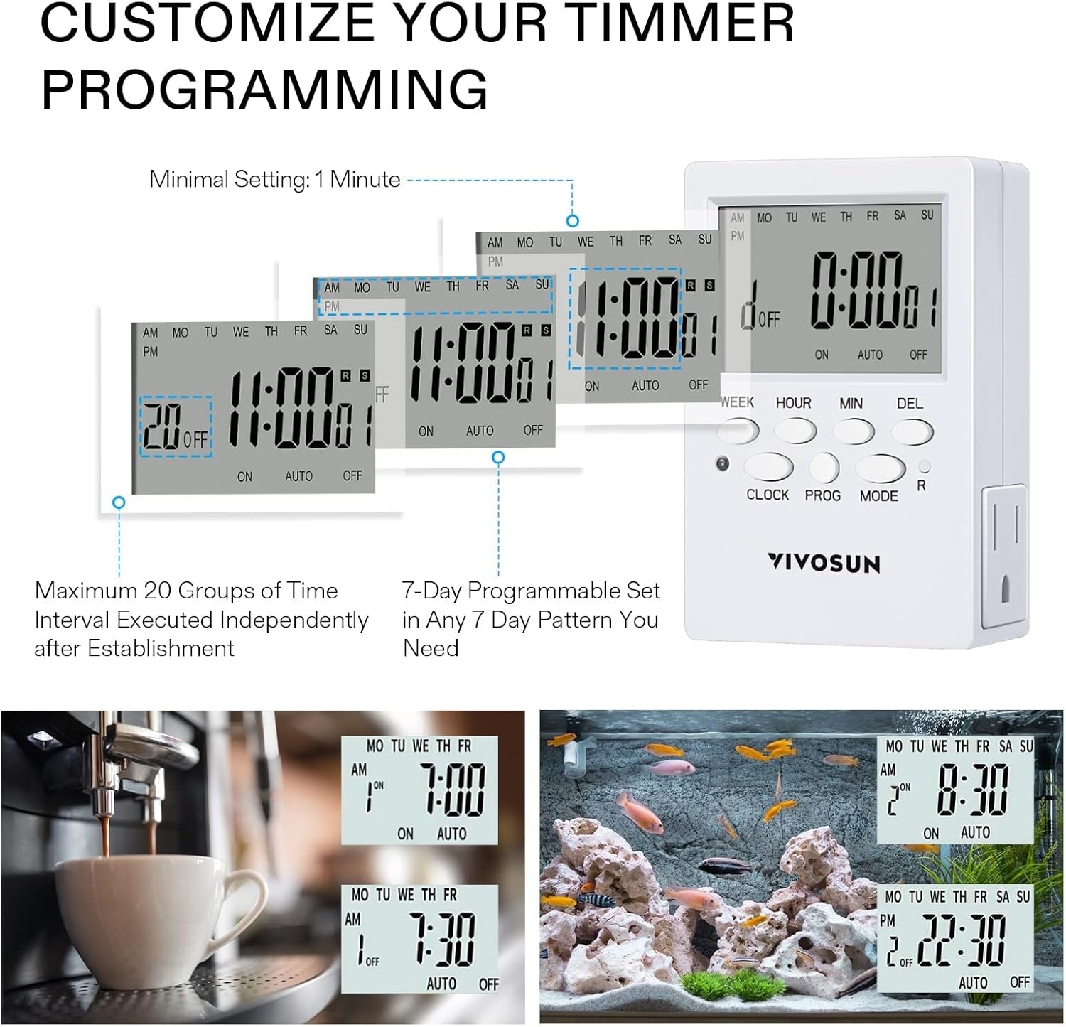 image:imageVIVOSUN 7 Day Programmable Digital Timer with Dual Outlet 20 OnOff UL Listed Heavy Duty Plugin Outlet Timer with Countdown Setting Indoor for Lamp Fan Heater Humidifiers Aquarium 2 Pack2