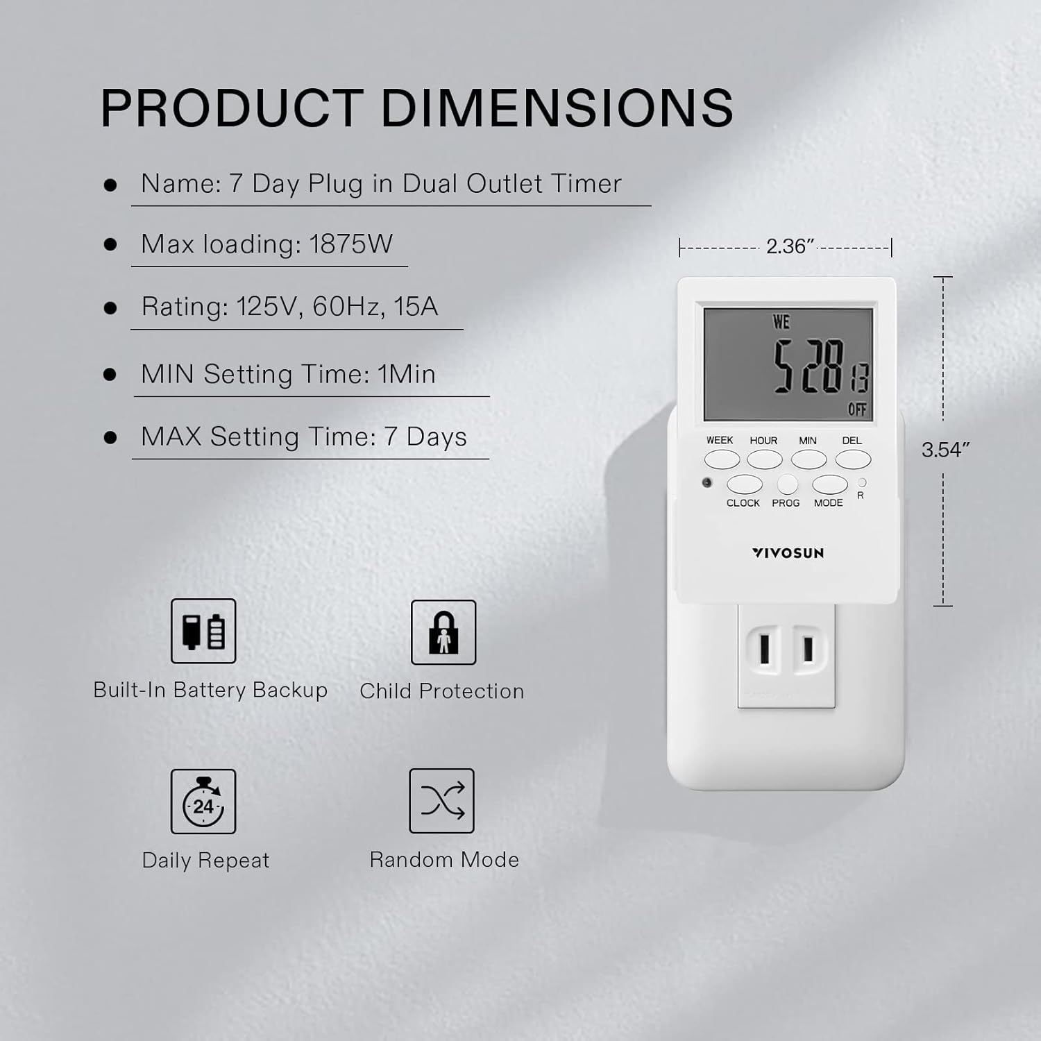 image:imageVIVOSUN 7 Day Programmable Digital Timer with Dual Outlet 20 OnOff UL Listed Heavy Duty Plugin Outlet Timer with Countdown Setting Indoor for Lamp Fan Heater Humidifiers Aquarium 2 Pack1