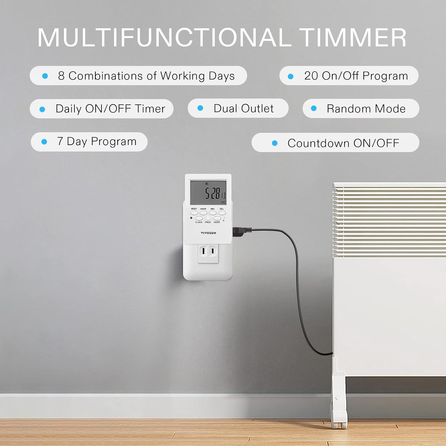 image:imageVIVOSUN 7 Day Programmable Digital Timer with Dual Outlet 20 OnOff UL Listed Heavy Duty Plugin Outlet Timer with Countdown Setting Indoor for Lamp Fan Heater Humidifiers Aquarium 2 Pack1