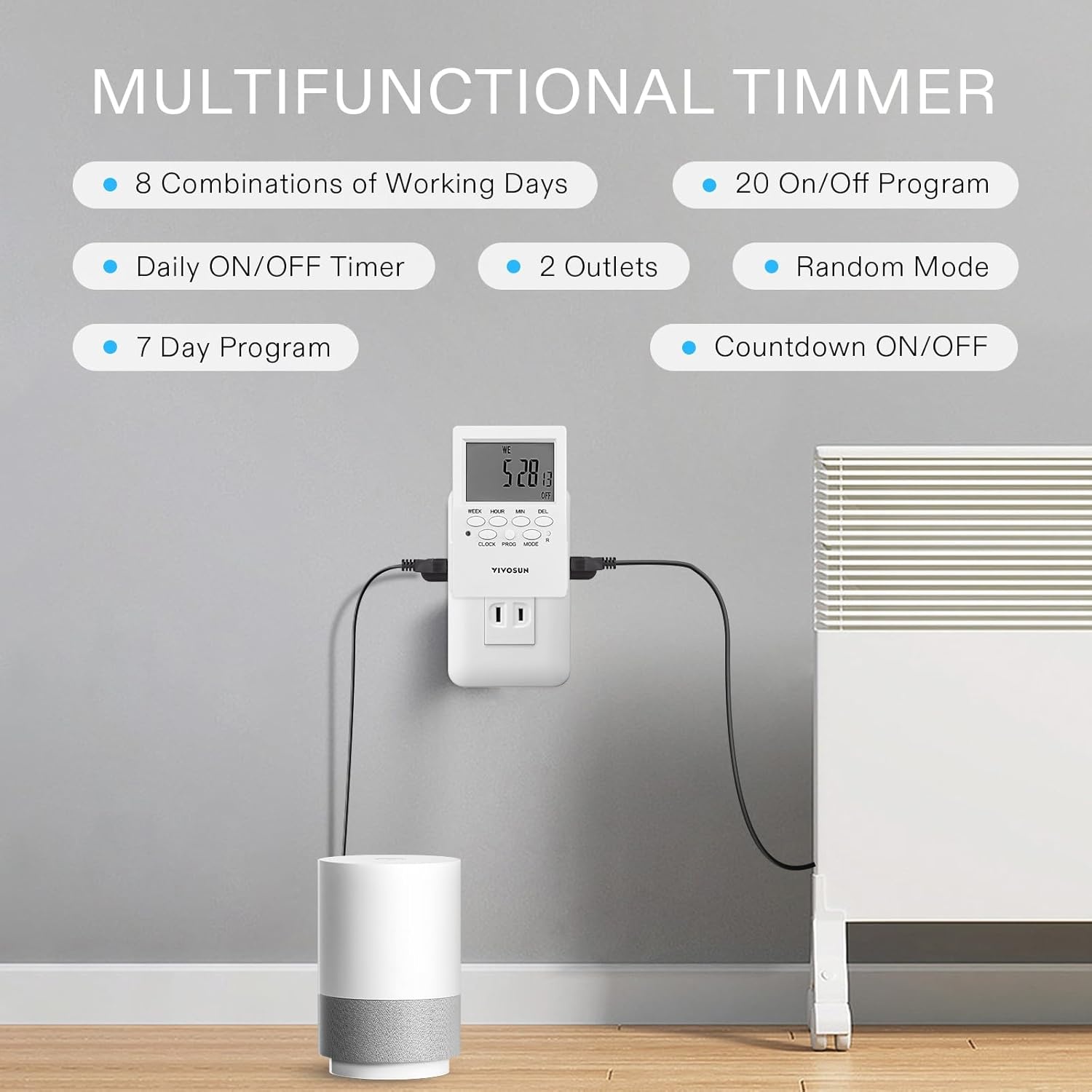 image:imageVIVOSUN 7 Day Programmable Digital Timer with Dual Outlet 20 OnOff UL Listed Heavy Duty Plugin Outlet Timer with Countdown Setting Indoor for Lamp Fan Heater Humidifiers Aquarium 2 Pack2