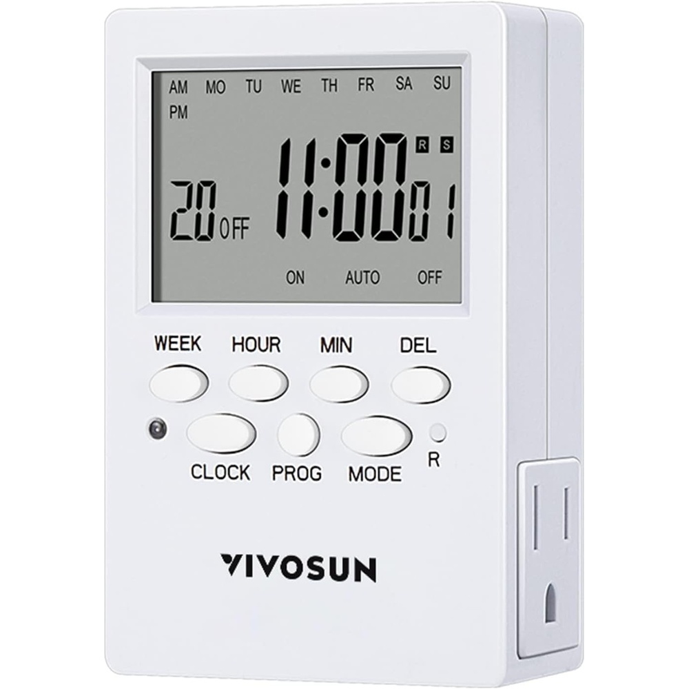 image:imageVIVOSUN 7 Day Programmable Digital Timer with Dual Outlet 20 OnOff UL Listed Heavy Duty Plugin Outlet Timer with Countdown Setting Indoor for Lamp Fan Heater Humidifiers Aquarium 2 Pack1
