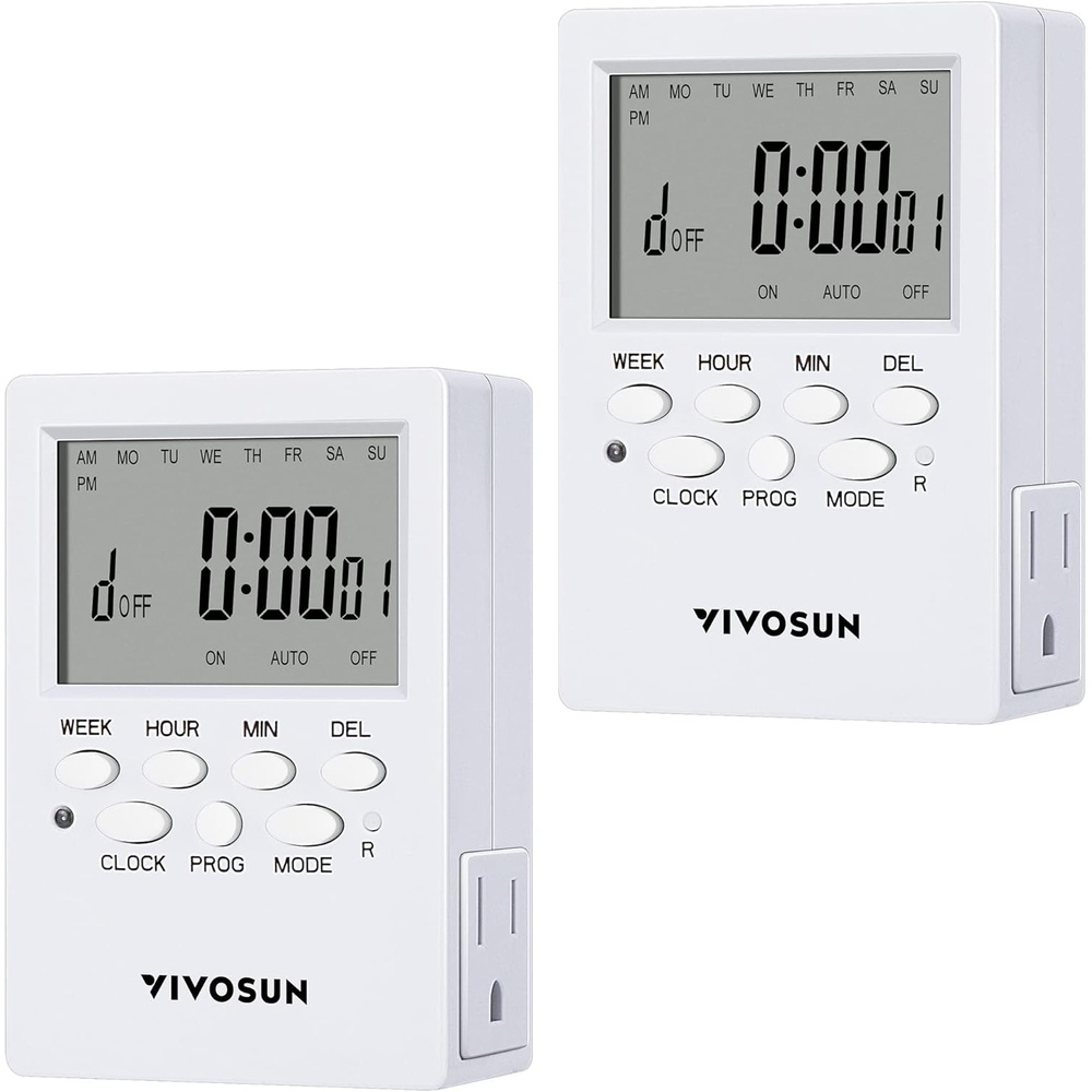 image:imageVIVOSUN 7 Day Programmable Digital Timer with Dual Outlet 20 OnOff UL Listed Heavy Duty Plugin Outlet Timer with Countdown Setting Indoor for Lamp Fan Heater Humidifiers Aquarium 2 Pack2