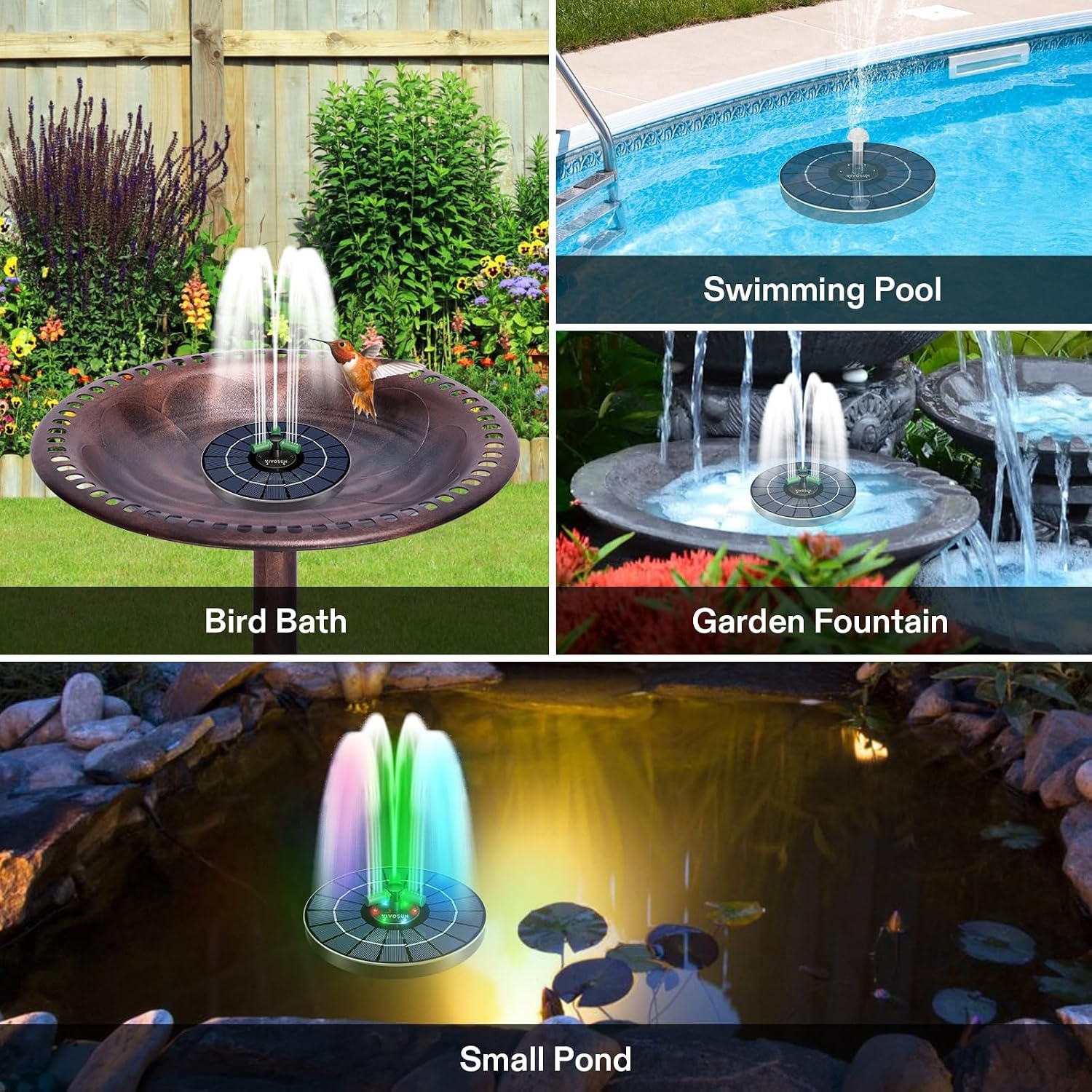 image:imageVIVOSUN Solar Fountain 4W Solar Water Fountain with Upgraded Glass Panel Builtin Battery 7 Nozzles Colored LED Lights Outdoor Solar Fountain Pump for Bird Bath Pond Pool Fish Tank Garden4W Solar Fountain Pump