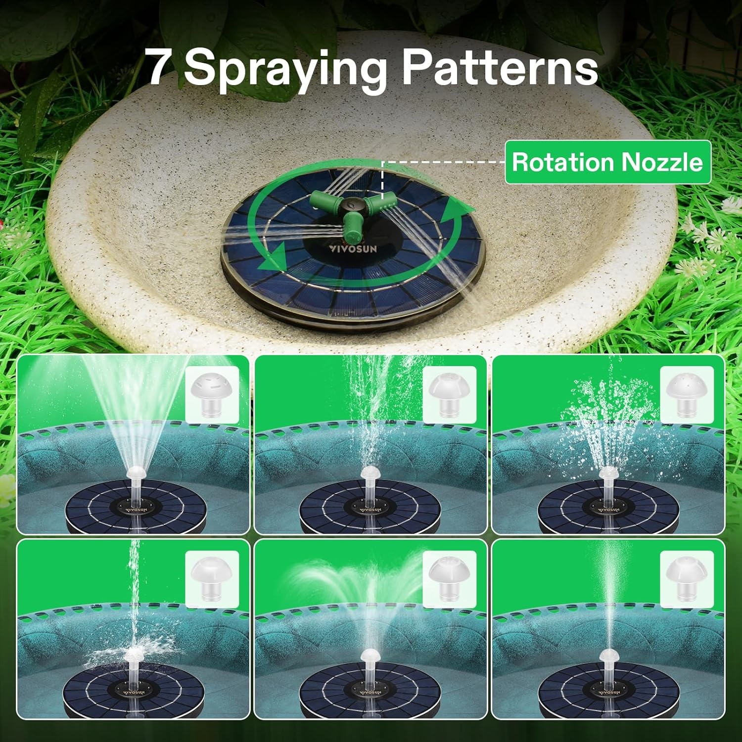 image:imageVIVOSUN Solar Fountain 4W Solar Water Fountain with Upgraded Glass Panel Builtin Battery 7 Nozzles Colored LED Lights Outdoor Solar Fountain Pump for Bird Bath Pond Pool Fish Tank Garden4W Solar Fountain Pump