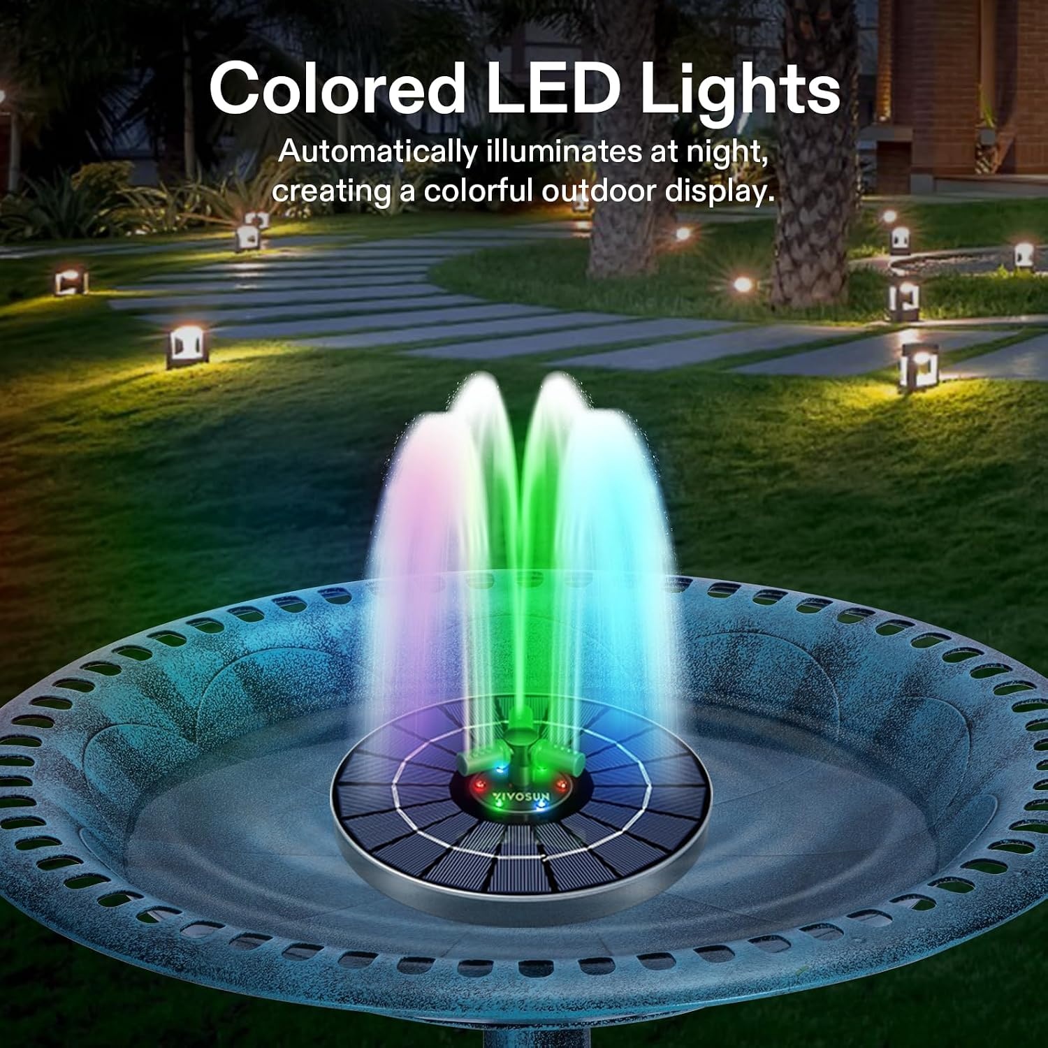 image:imageVIVOSUN Solar Fountain 4W Solar Water Fountain with Upgraded Glass Panel Builtin Battery 7 Nozzles Colored LED Lights Outdoor Solar Fountain Pump for Bird Bath Pond Pool Fish Tank Garden4W Solar Fountain Pump
