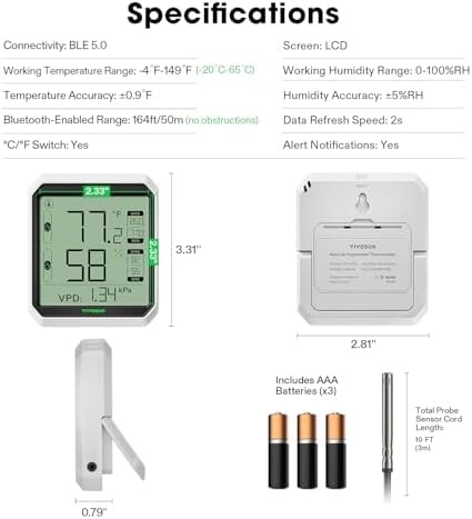 image:imageVIVOSUN AeroLab THB1S Wireless Bluetooth Hygrometer Thermometer Indoor and 7 Day Programmable Digital Timer with Dual Outlet 20 OnOff UL Listed Heavy Duty Plugin Outlet Timer with Countdown Setting