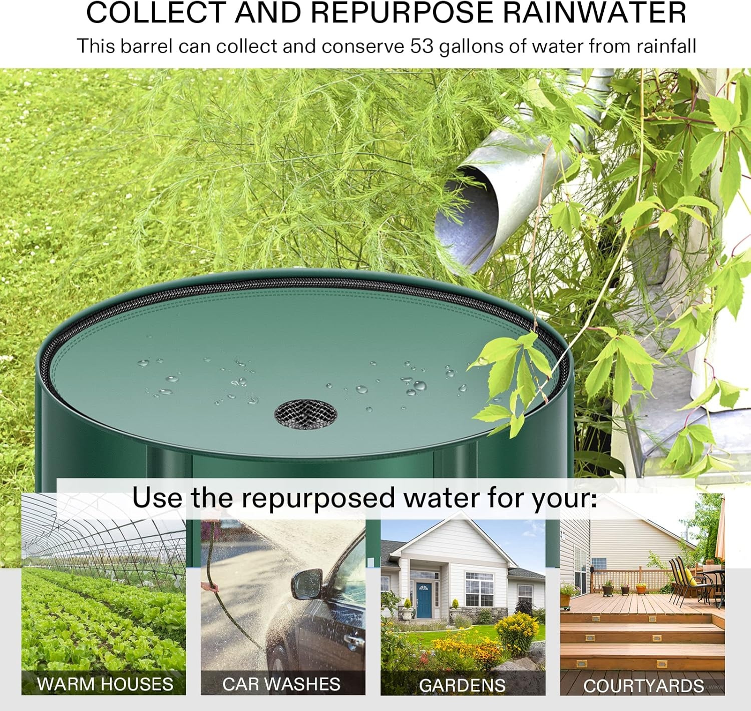 image:imageVIVOSUN Collapsible Rain Barrel 53 Gallon with 1000D Oxford Cloth Portable Rain Collection System Water Barrel Collector wFilter Spigot Green