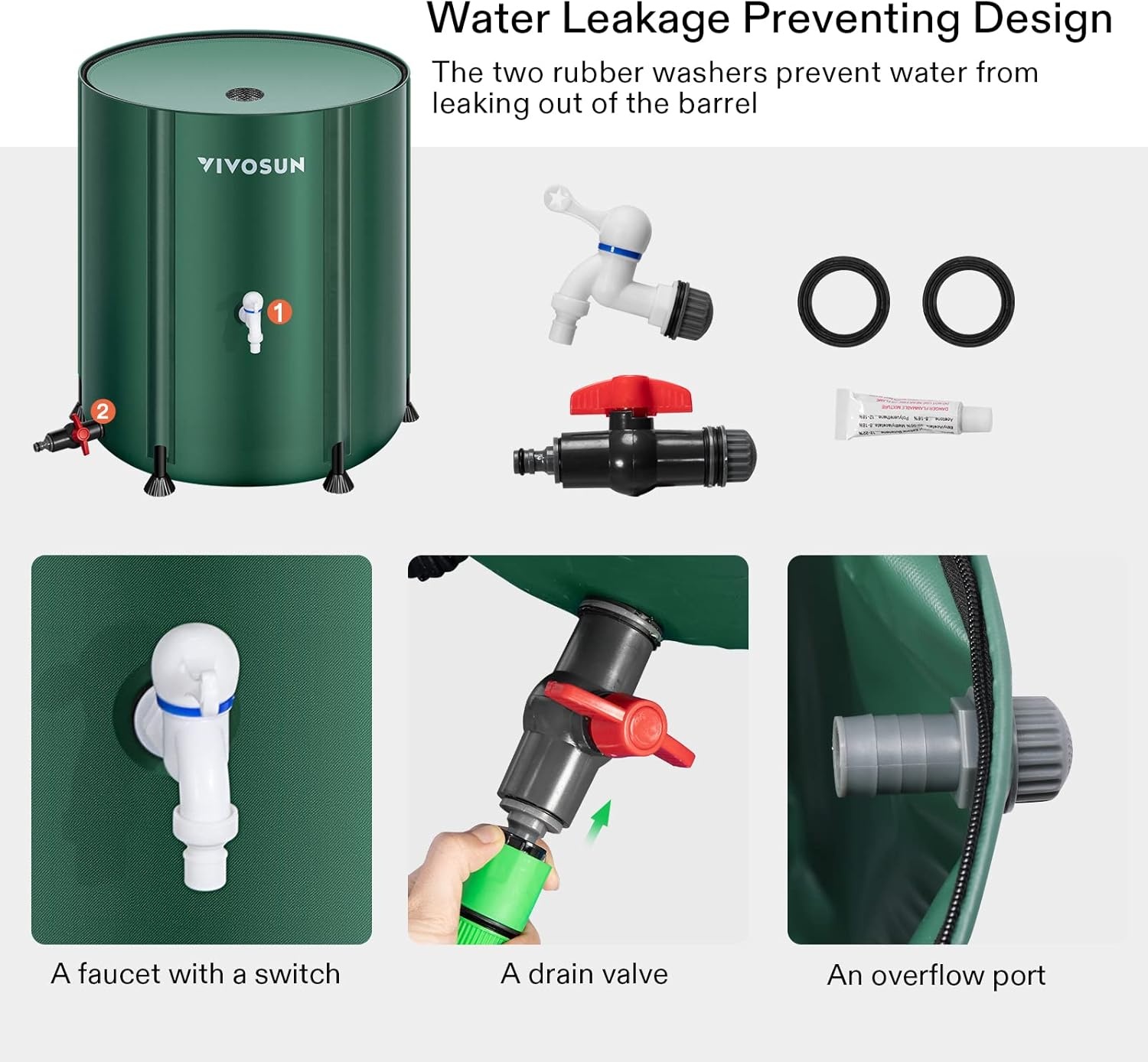 image:imageVIVOSUN Collapsible Rain Barrel 53 Gallon with 1000D Oxford Cloth Portable Rain Collection System Water Barrel Collector wFilter Spigot Green