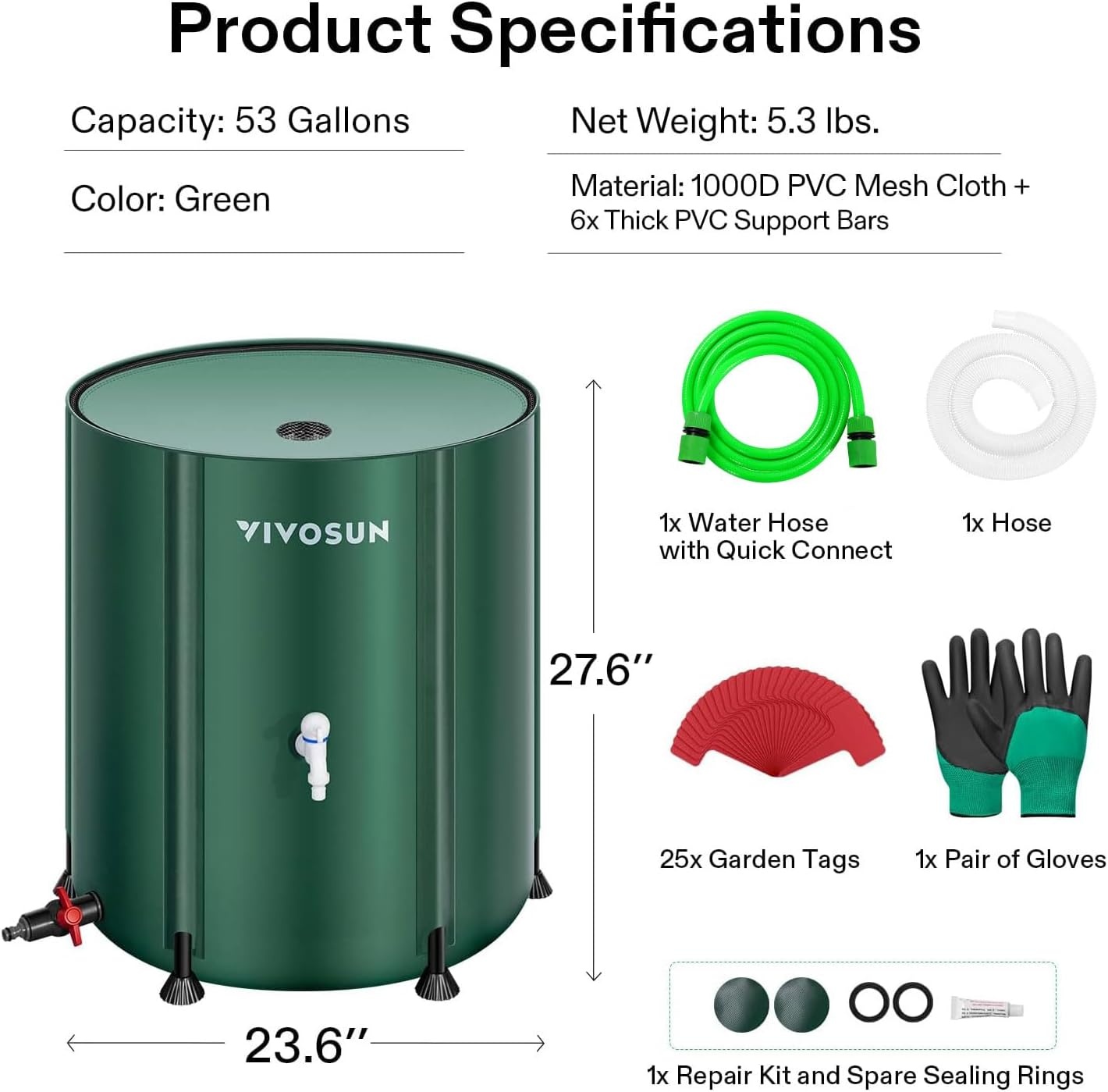 image:imageVIVOSUN Collapsible Rain Barrel 53 Gallon with 1000D Oxford Cloth Portable Rain Collection System Water Barrel Collector wFilter Spigot Green